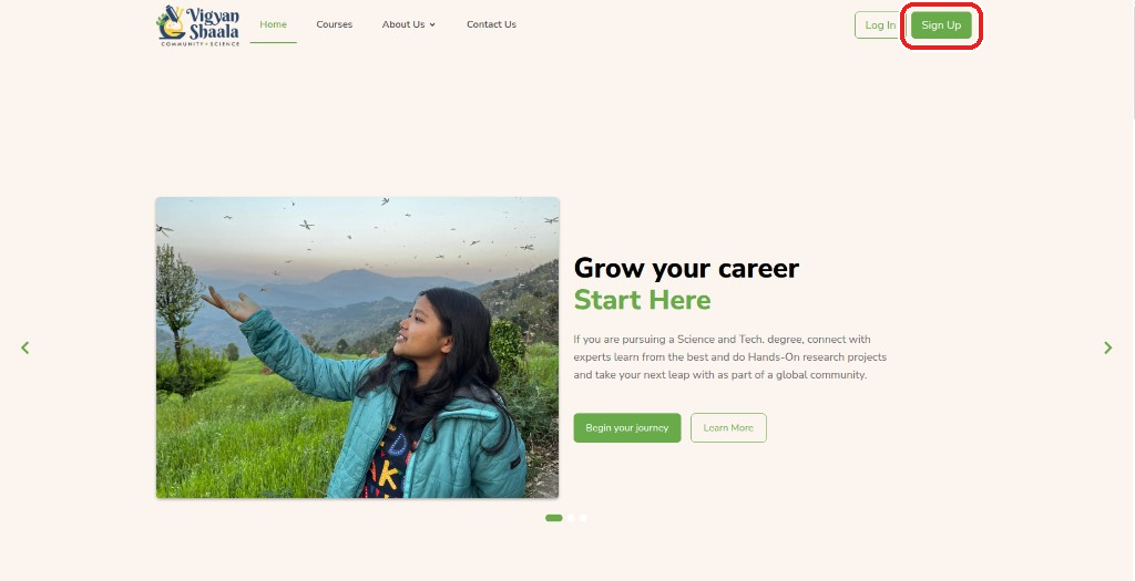 Home page with Sign Up