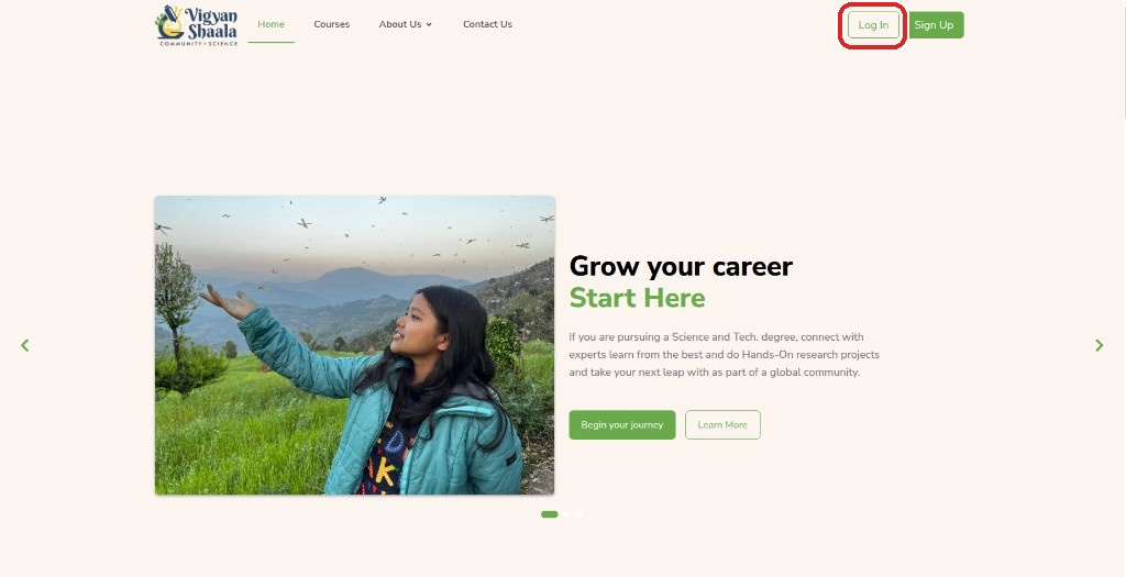 Home page with Log In
