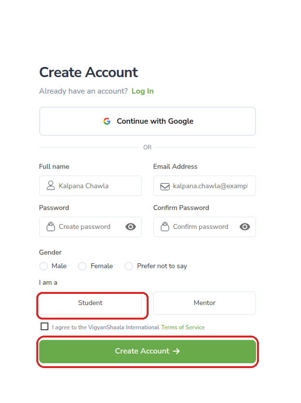 Create Account form