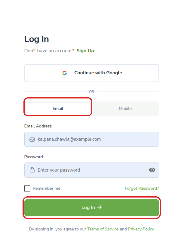Log In with email