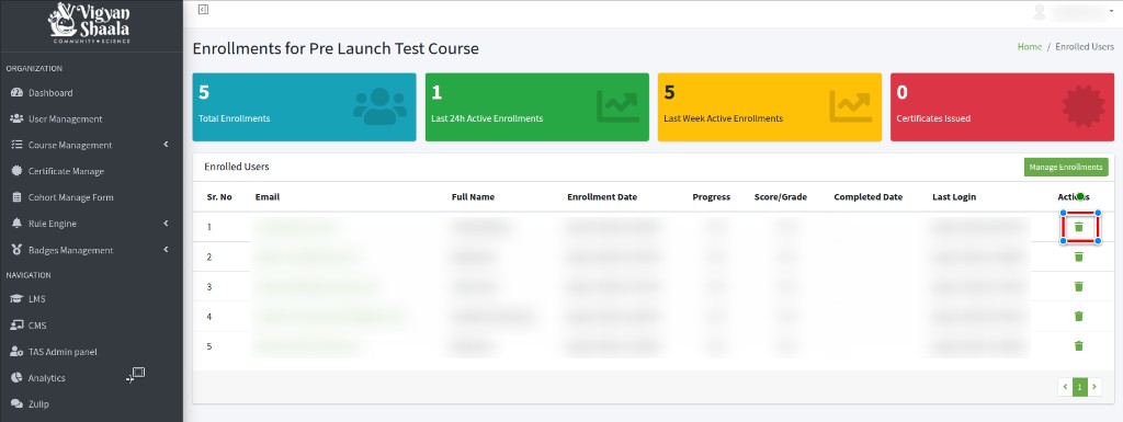 Enrollments for a course