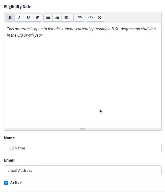 Eligibility Note, Name, and Email