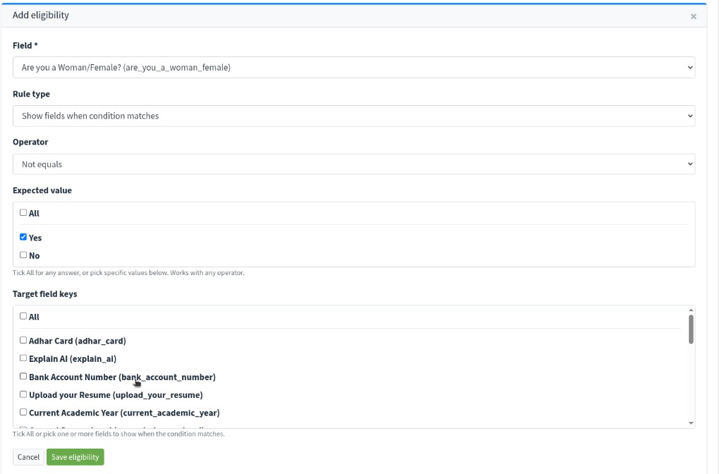 Show fields when condition matches