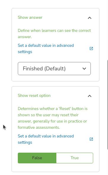 Show answer and Show reset option
