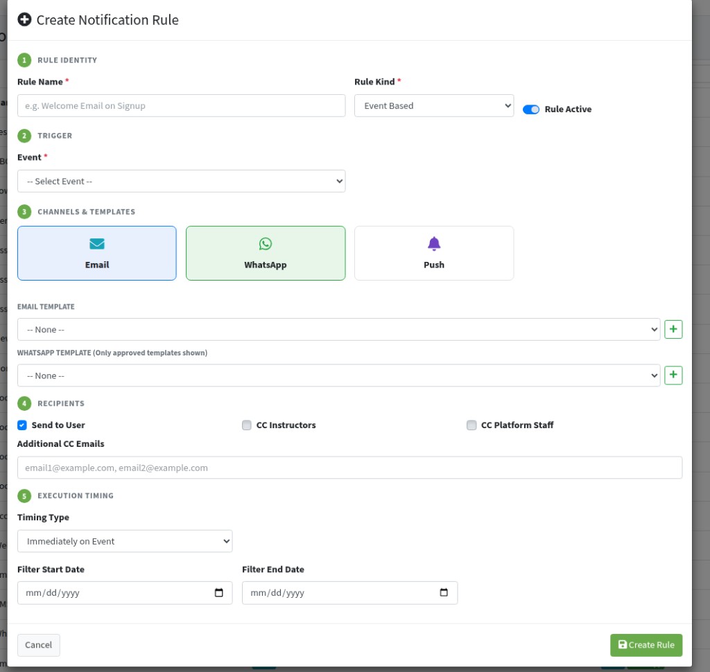 Channels Email and WhatsApp