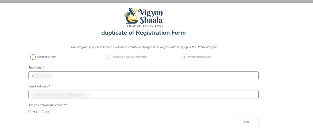 Cohort Registration Form — step 1