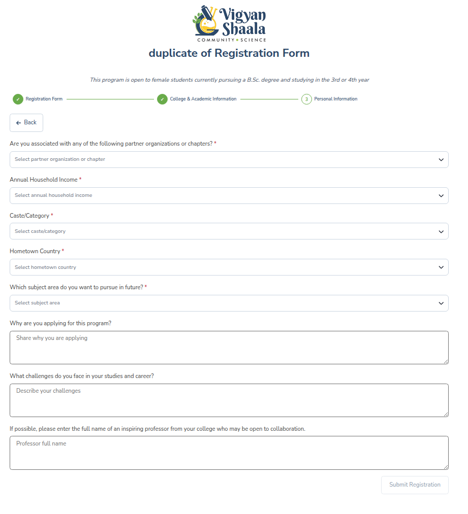 Cohort Registration Form — final step