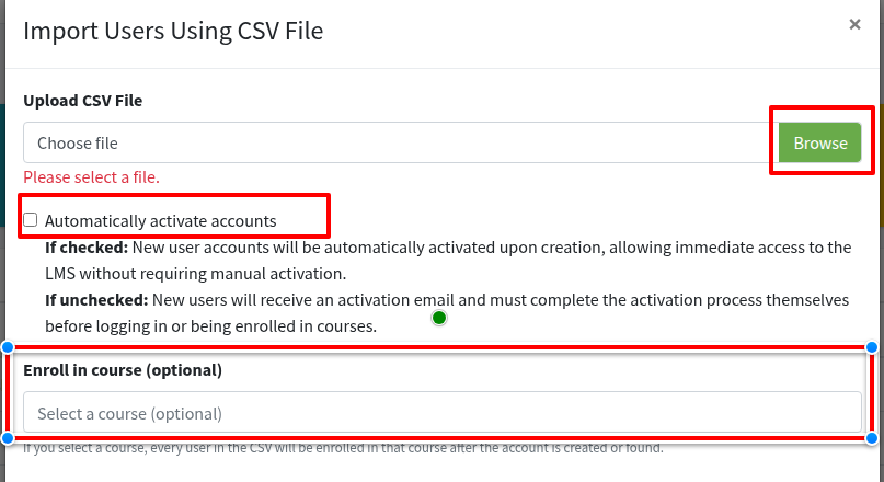 Upload CSV File and Automatically activate accounts
