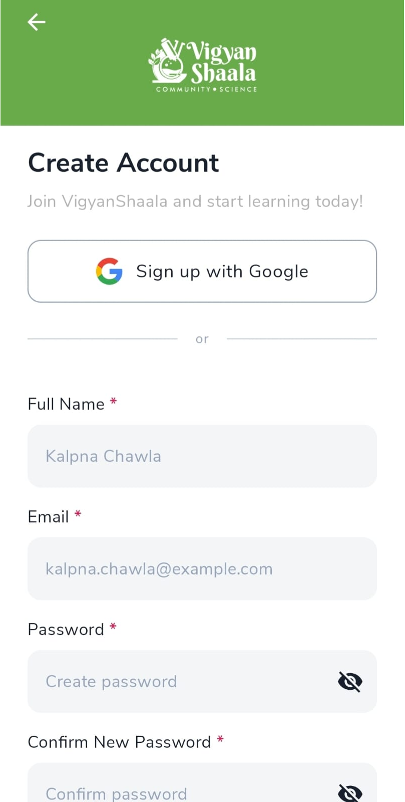 Create Account form