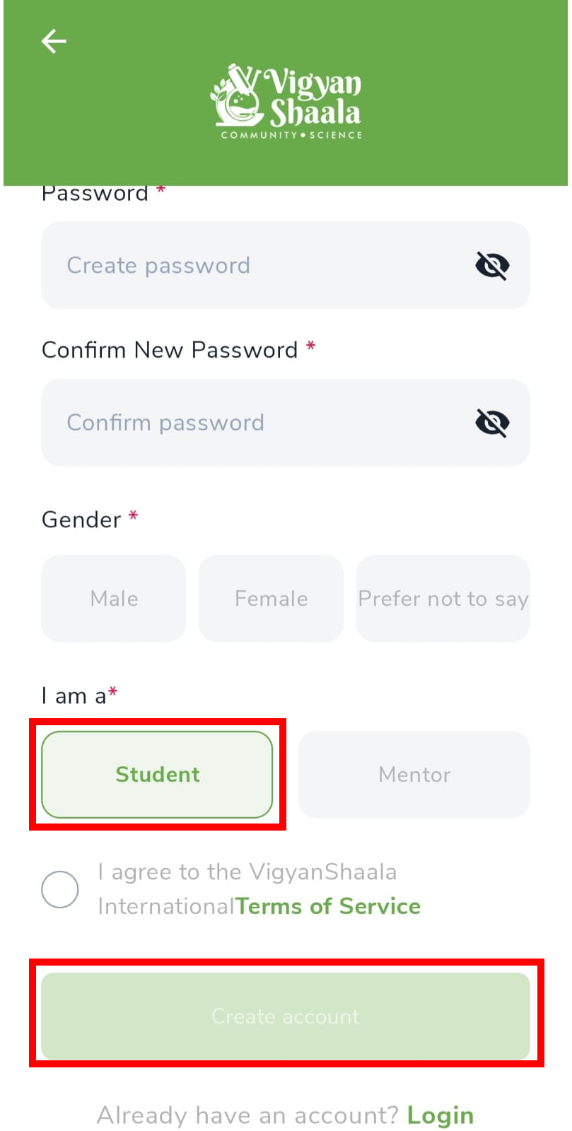 Create Account form — lower fields