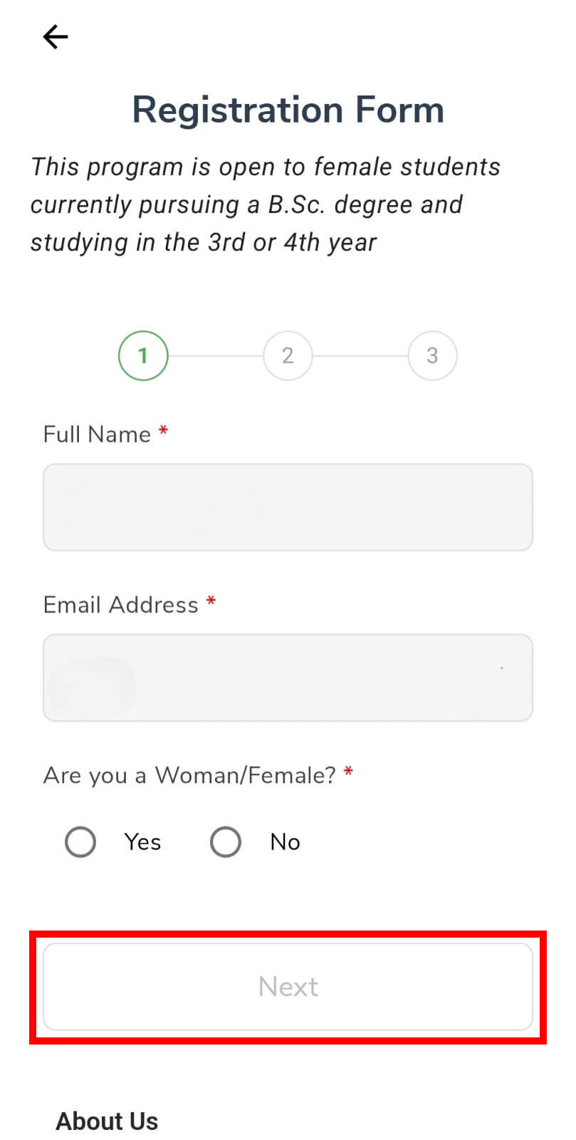Registration Form — step 1