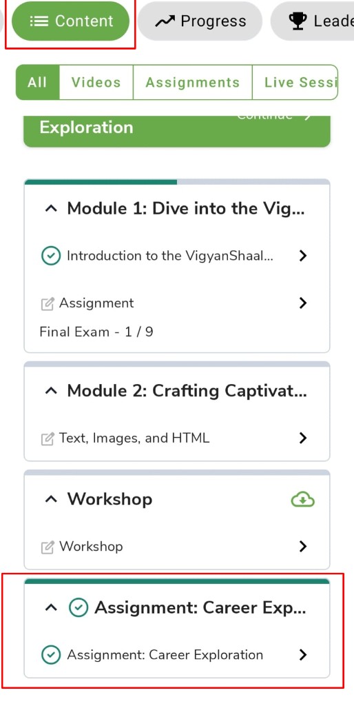 Content tab with assignment